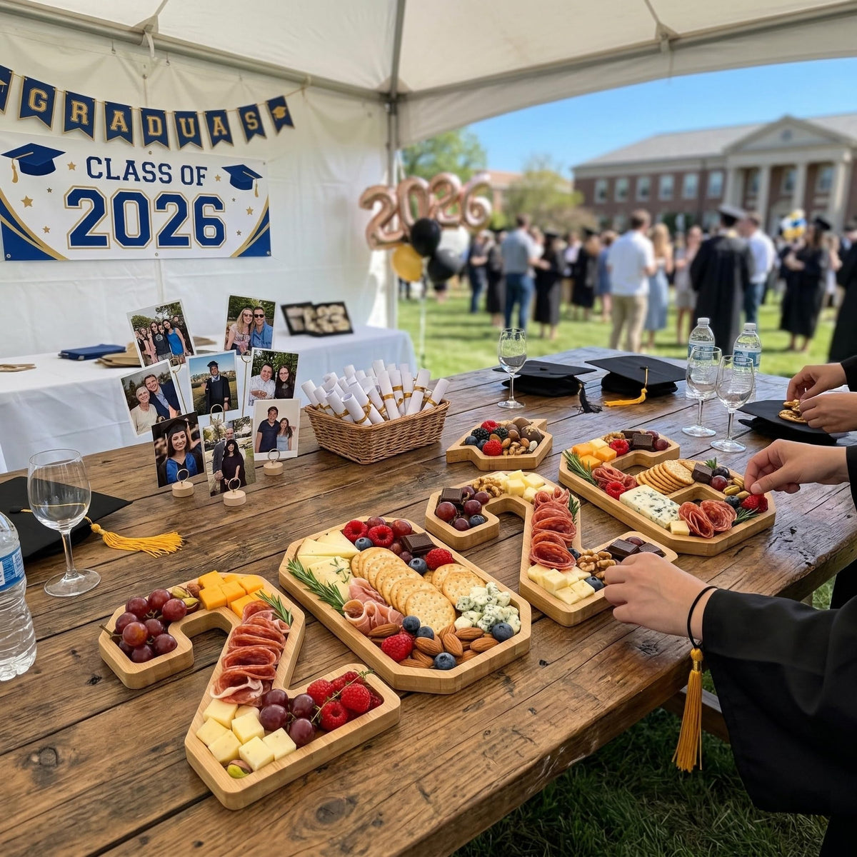 sewrung graduation cap decor perched on a serving tray for ceremony tables
