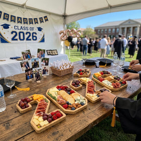 sewrung graduation cap decor perched on a serving tray for ceremony tables