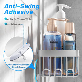 Sewulidon four-basket storage keeps shampoo, conditioner, soap organized.