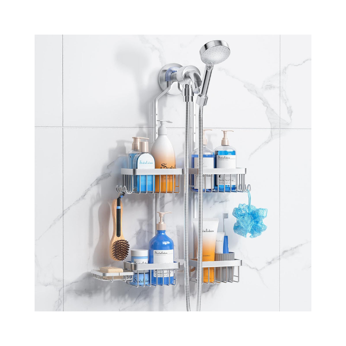 Sewulidon shower caddy hanging over head holds toiletries neatly.