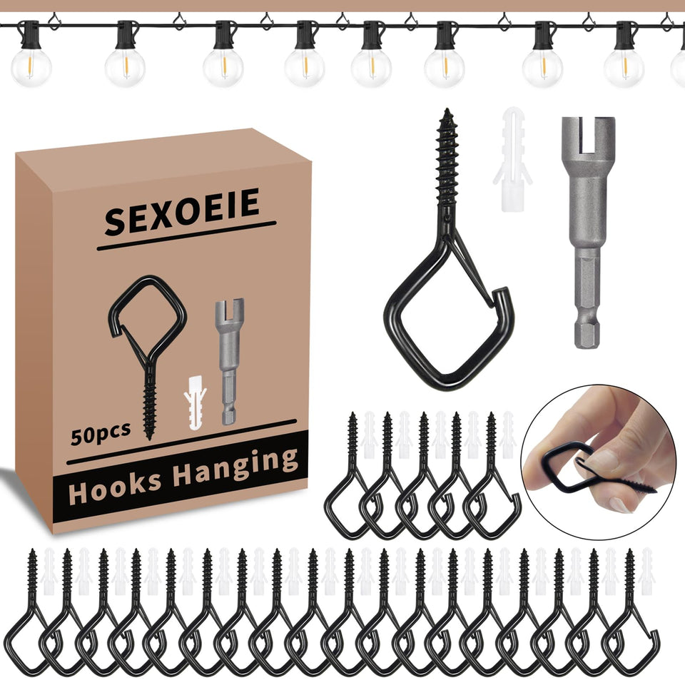 Sexoeie eye screw hooks close-up with weather-resistant black finish.