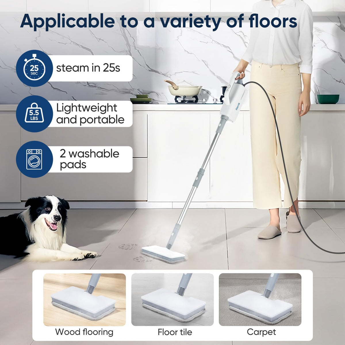 Seyola lightweight steam mop showing easy, fatigue-free handling