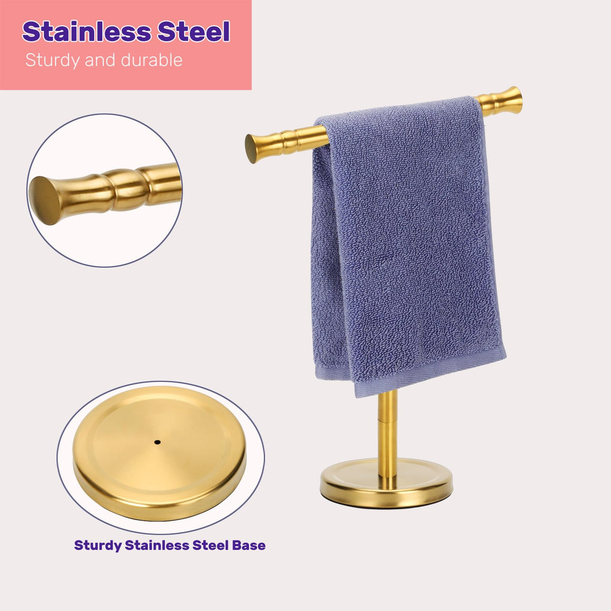 Free-standing Sfemn towel stand fits beside sink without wall mounting