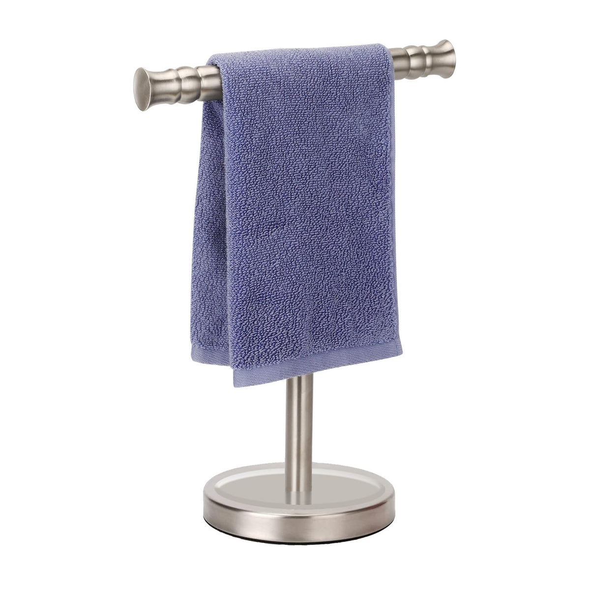 Sfemn hand towel stand on countertop with brushed nickel base for stable, accessible towels.