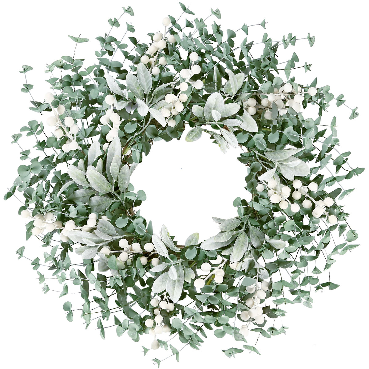 Sggvecsy artificial greenery wreath on front door with boxwood leaves and white berries
