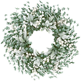 Sggvecsy artificial greenery wreath on front door with boxwood leaves and white berries