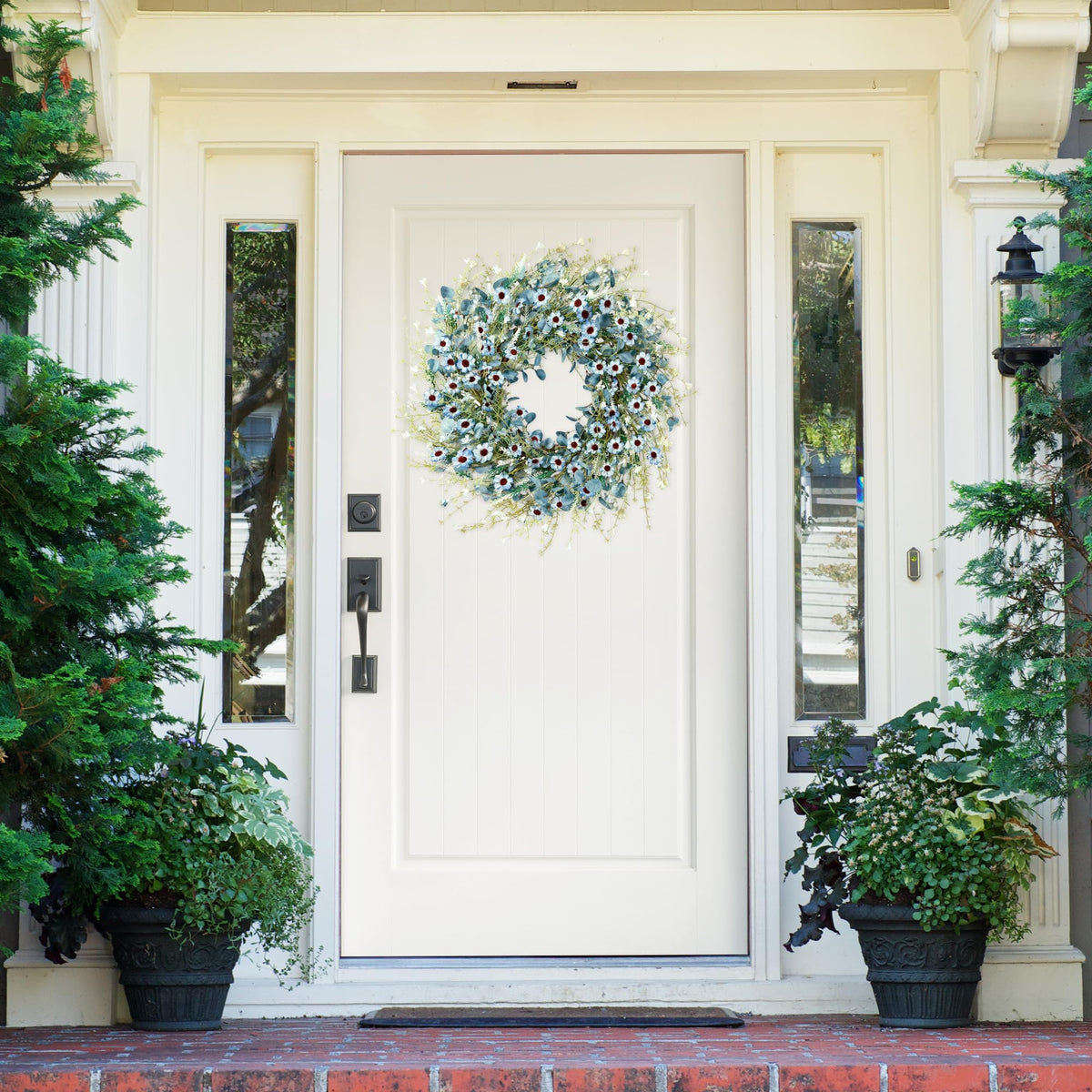 Close-up of Sggvecsy Blue Daisy Wreath daisies reveal vibrant petals and lifelike textures.