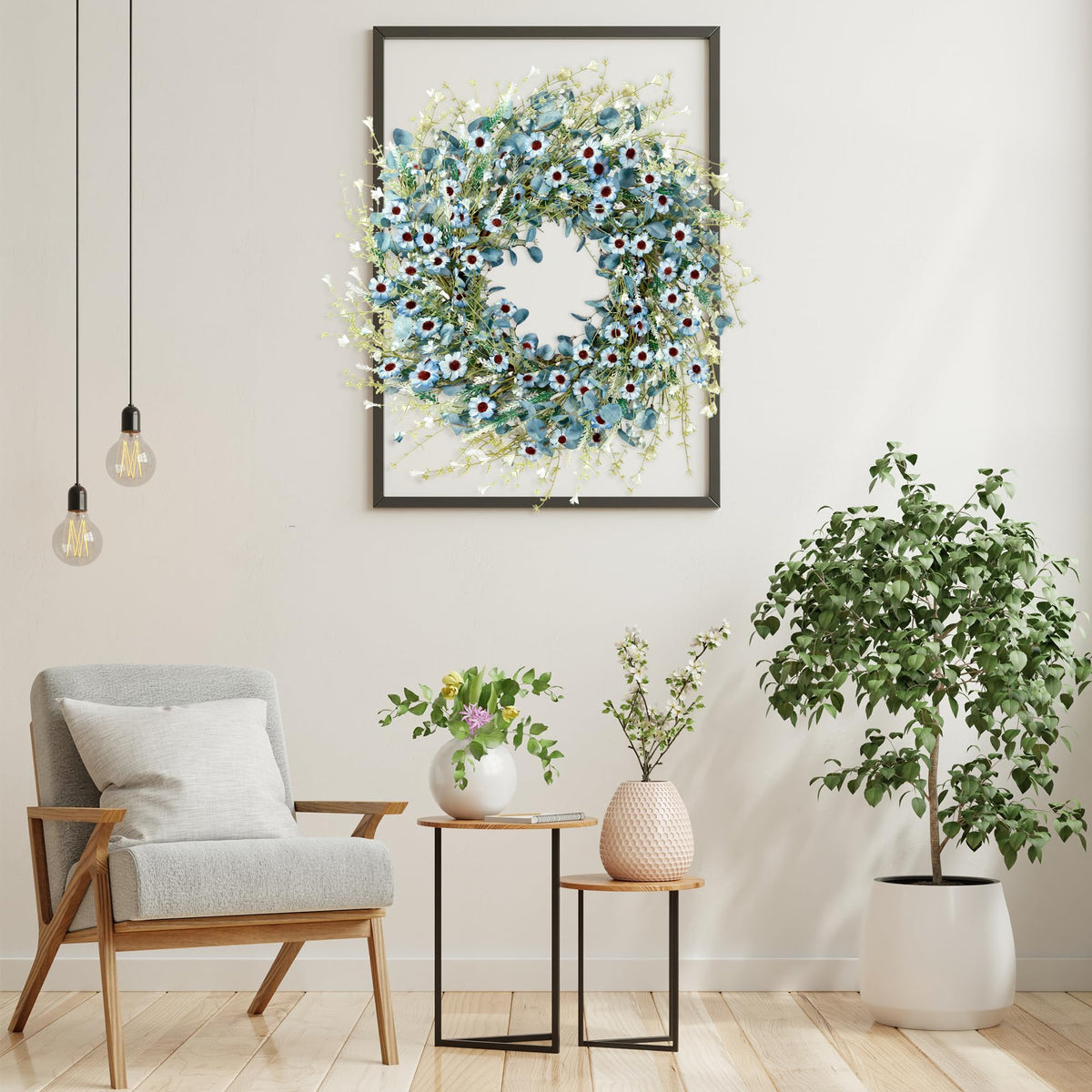 Sggvecsy Blue Daisy Wreath with eucalyptus leaves and lavender accents for natural flair.