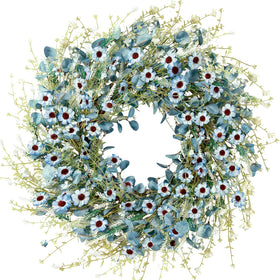 Sggvecsy Blue Daisy Wreath on front door adds welcoming color and seasonal charm.