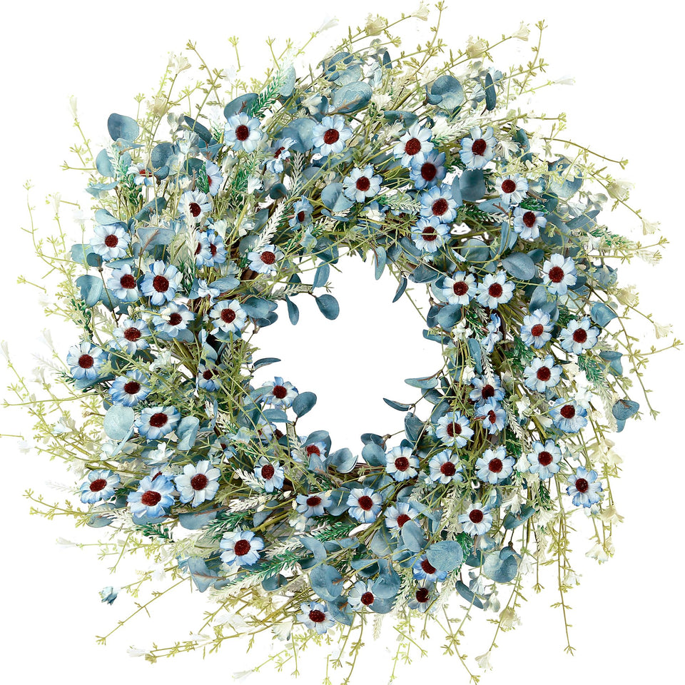 Sggvecsy Blue Daisy Wreath on front door adds welcoming color and seasonal charm.