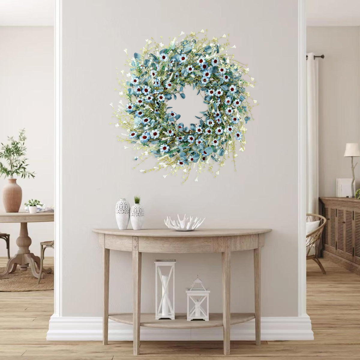 Sggvecsy Blue Daisy Wreath suitable for indoor or covered outdoor spaces.