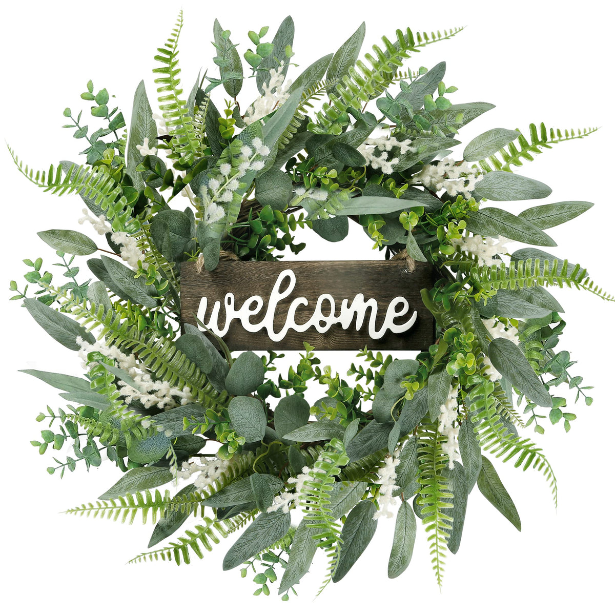 Sggvecsy green eucalyptus wreath with welcome sign on front door, 20 inch display for curb appeal