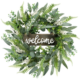 Sggvecsy green eucalyptus wreath with welcome sign on front door, 20 inch display for curb appeal