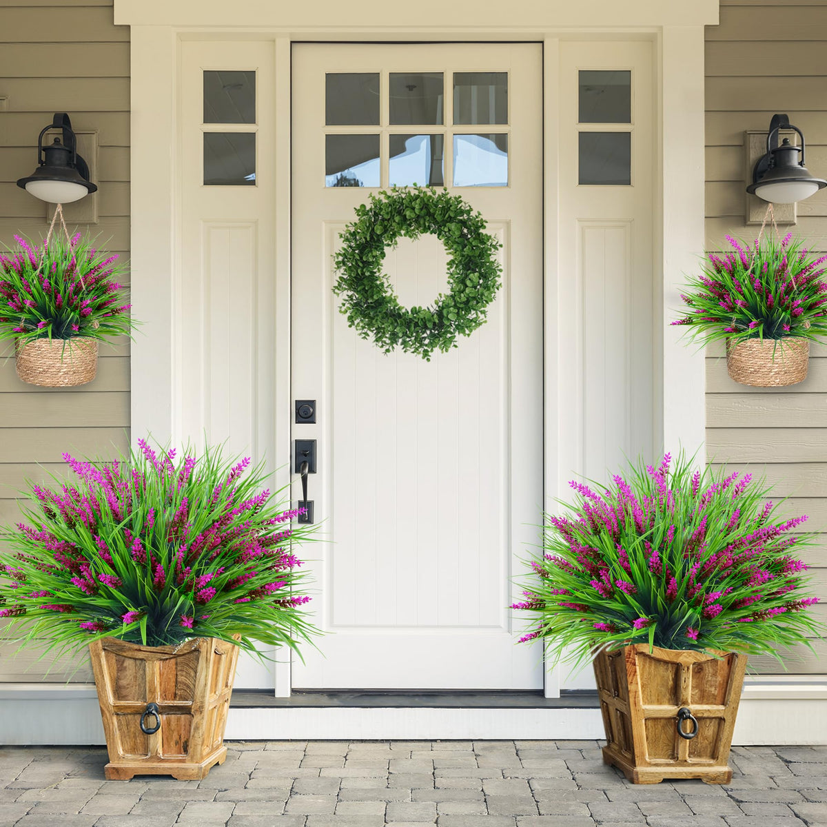 Sggvecsy lavender stems highlight color-fast, UV-resistant greenery for porches.