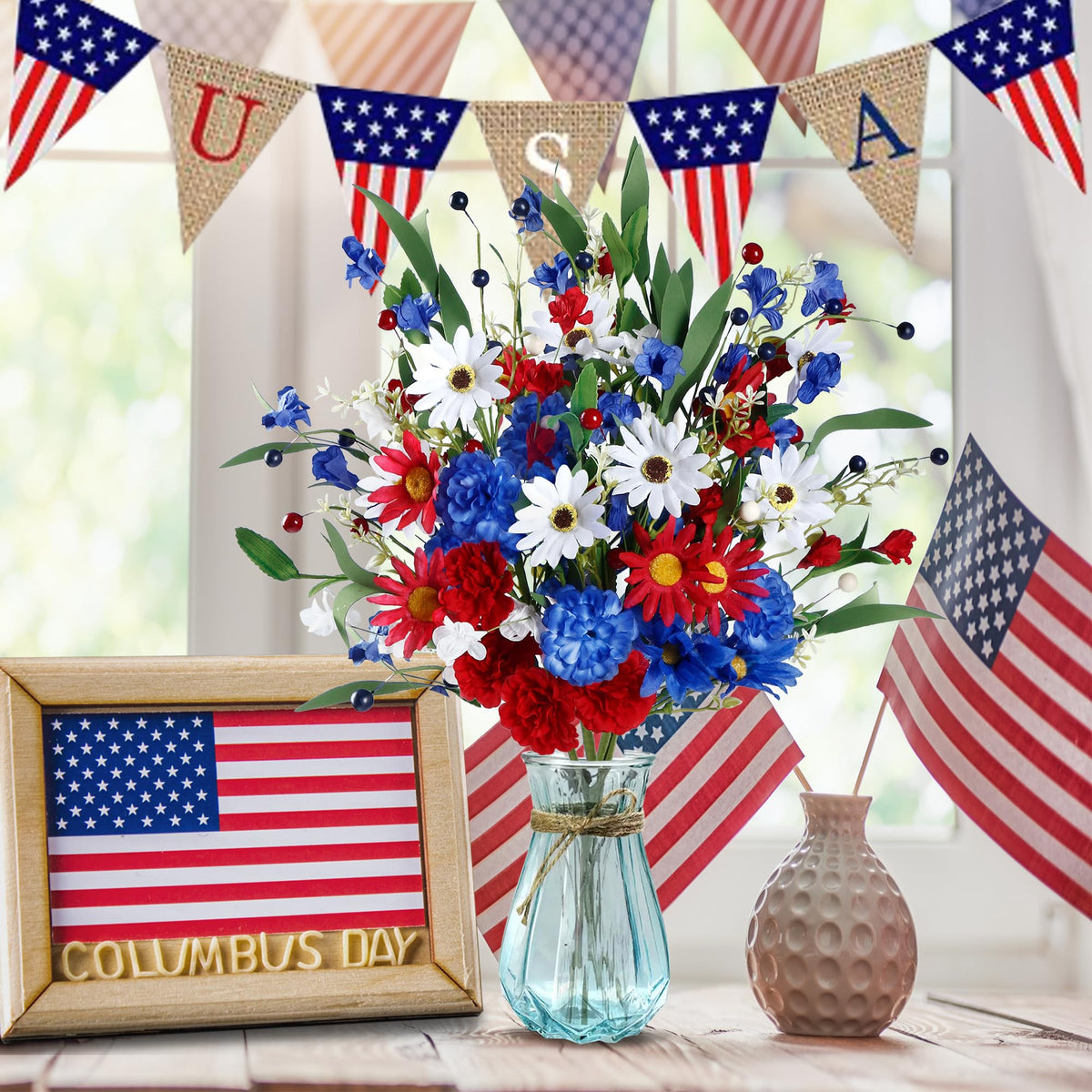Sggvecsy patriotic arrangement close-up showing realistic petals and foam core.