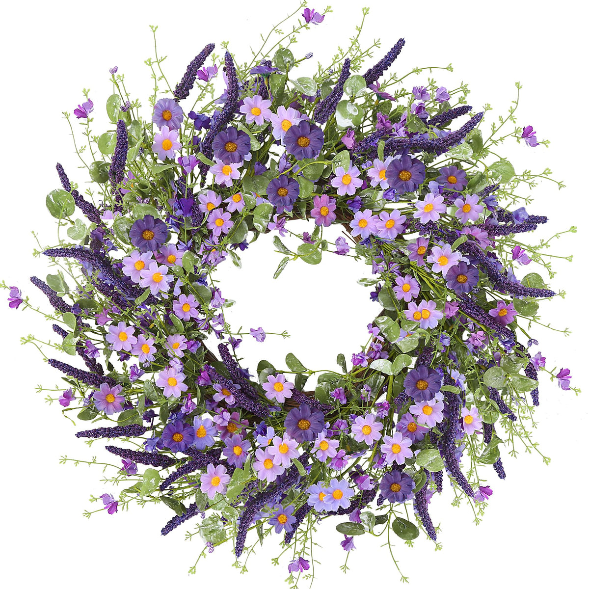 Sggvecsy purple daisy wreath on front door with vivid colors for curb appeal.