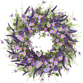 Sggvecsy purple daisy wreath on front door with vivid colors for curb appeal.