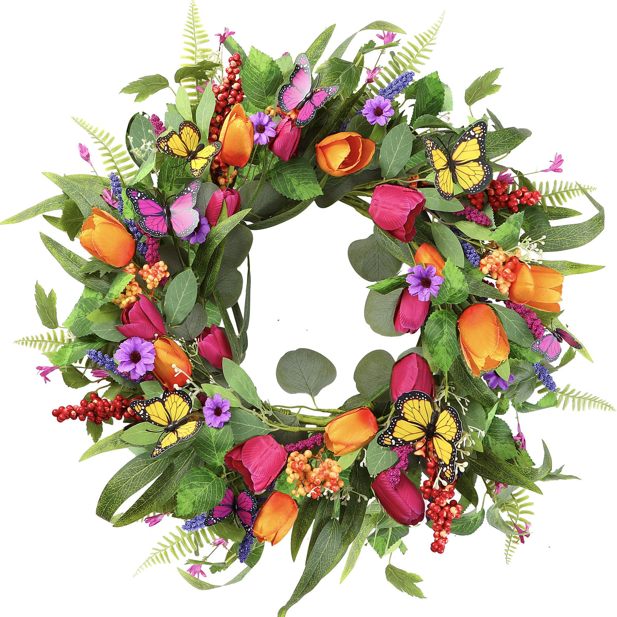 Sggvecsy spring-summer wreath on front door showcasing vibrant color and charm.