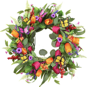 Sggvecsy spring-summer wreath on front door showcasing vibrant color and charm.