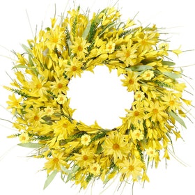 Sggvecsy spring wreath with forsythia and daisies brightens the front door.