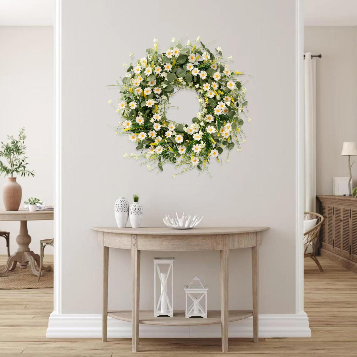 Sggvecsy decorative wreath with grapevine base enhances outdoor patio areas.