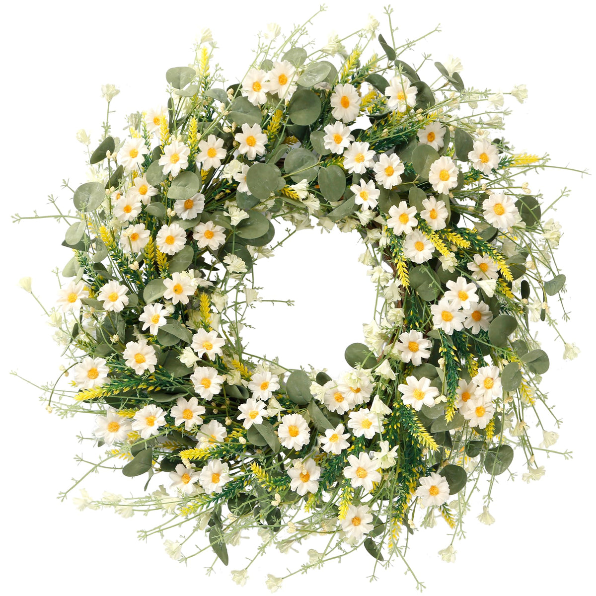 Sggvecsy white daisy wreath with eucalyptus and lavender over front door for year-round charm.