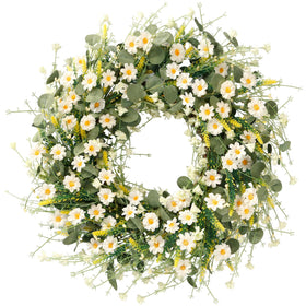 Sggvecsy white daisy wreath with eucalyptus and lavender over front door for year-round charm.