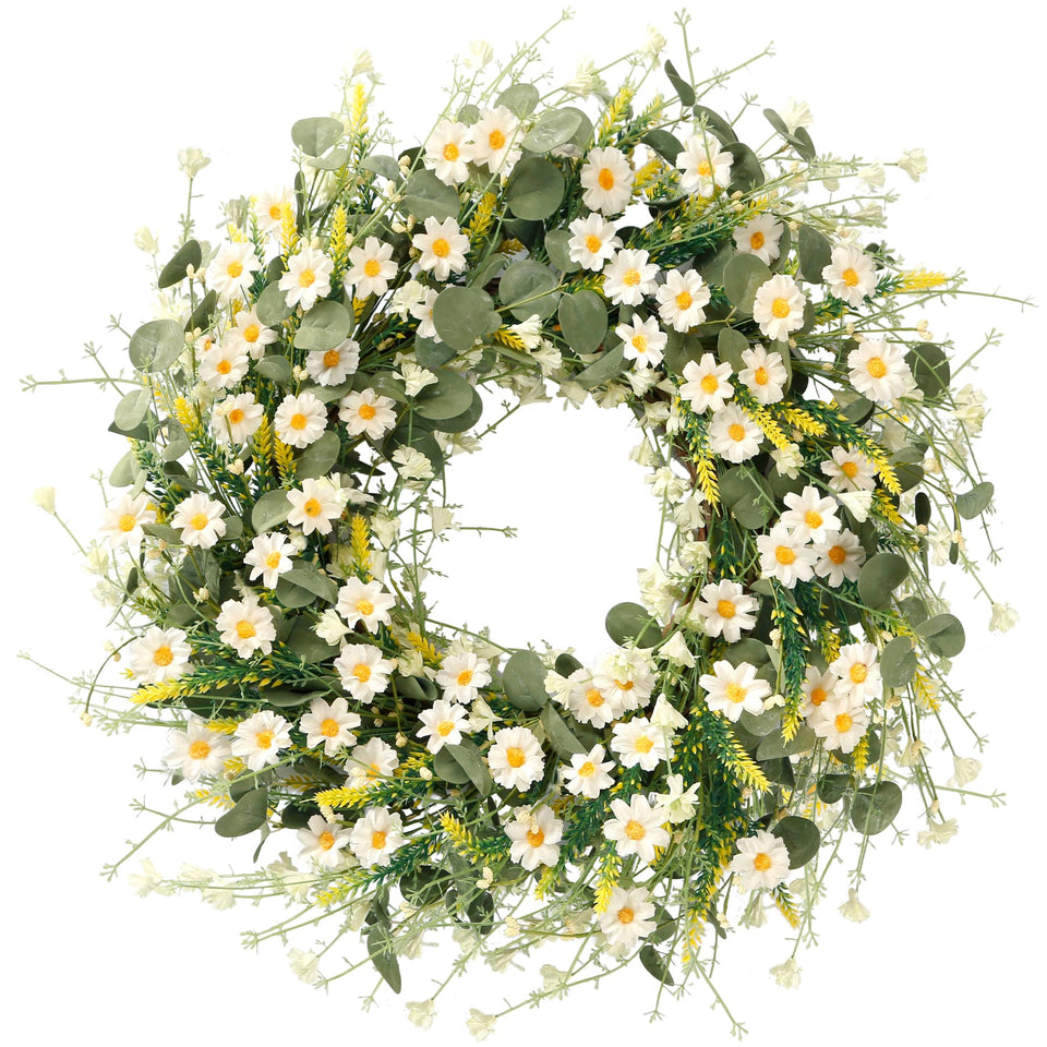Sggvecsy white daisy wreath with eucalyptus and lavender over front door for year-round charm.