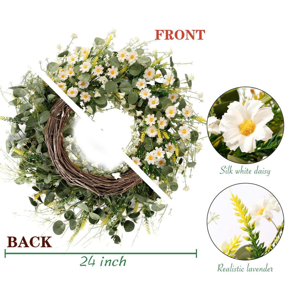Sggvecsy 24-inch wreath remains lush and reusable for multiple seasons.