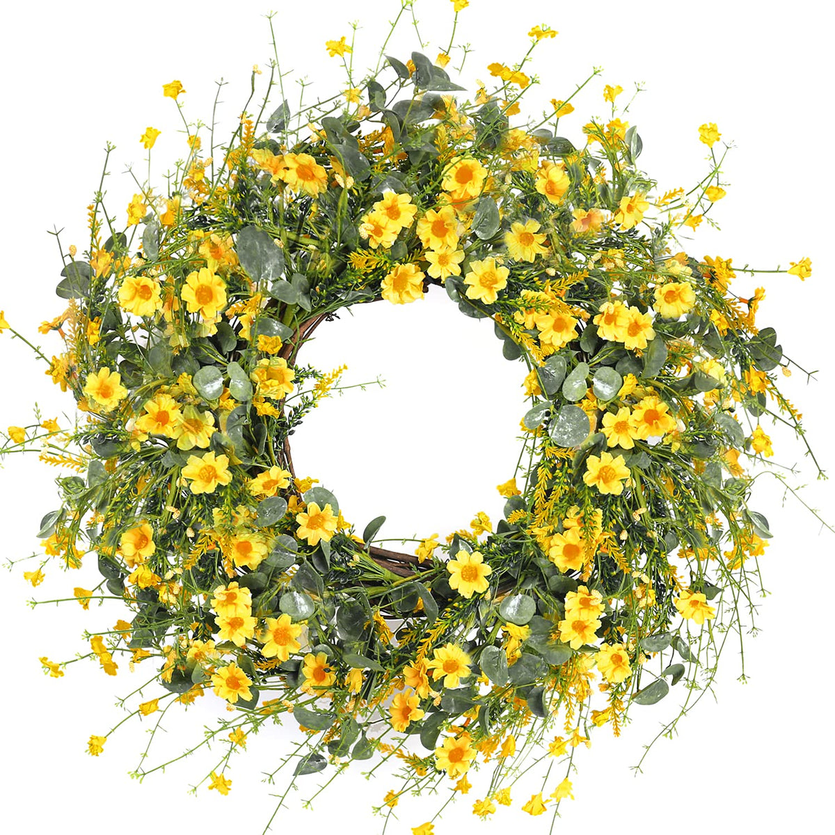 Sggvecsy yellow daisy wreath on front door enhances curb appeal and warmth.