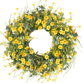 Sggvecsy yellow daisy wreath on front door enhances curb appeal and warmth.