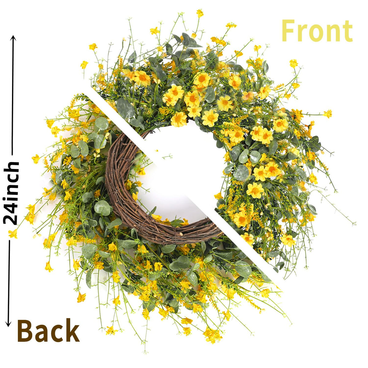 Sggvecsy yellow daisy wreath on an outdoor covered porch complements outdoor living.