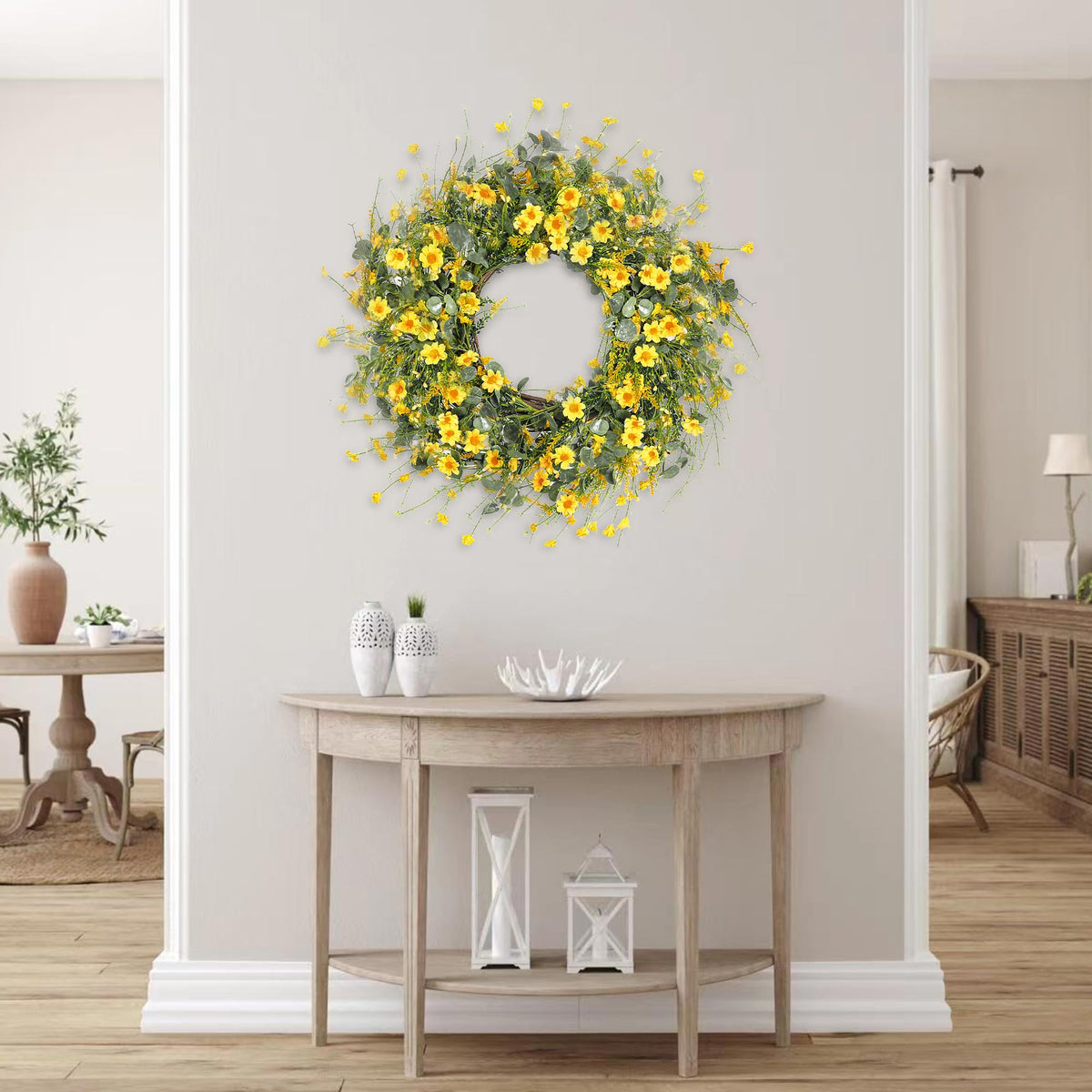 Sggvecsy yellow daisy wreath as wall decor creates a natural focal point.