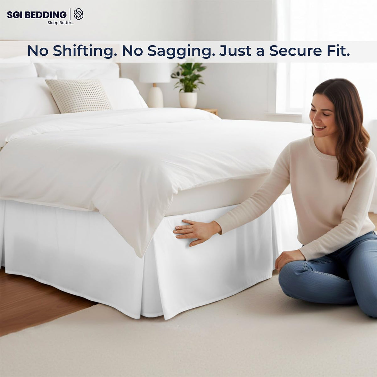 SGI Bedding queen-size bed skirt measures 60x80 inches for standard mattresses.