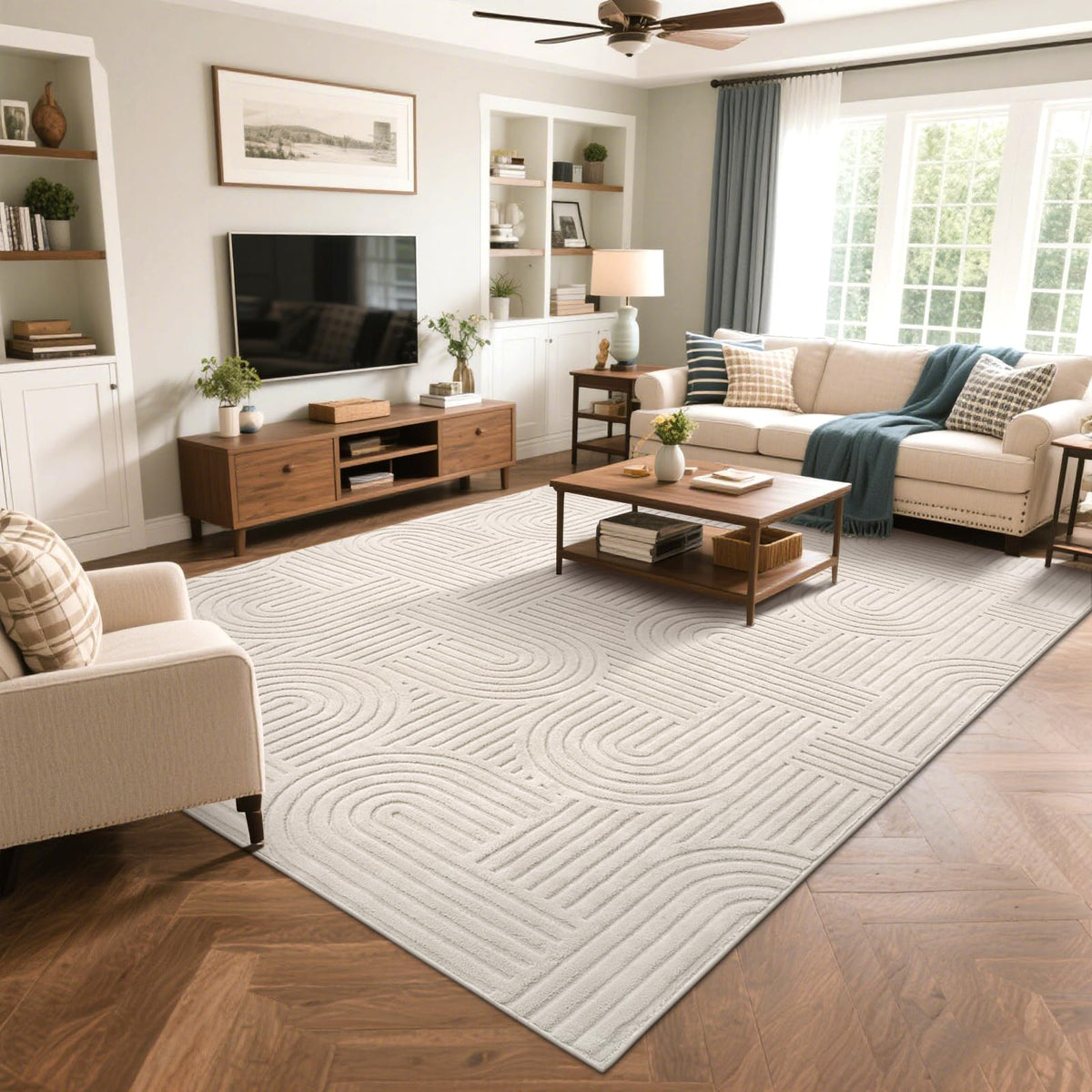 SHACOS beige rug complements minimalist decor with a modern wave