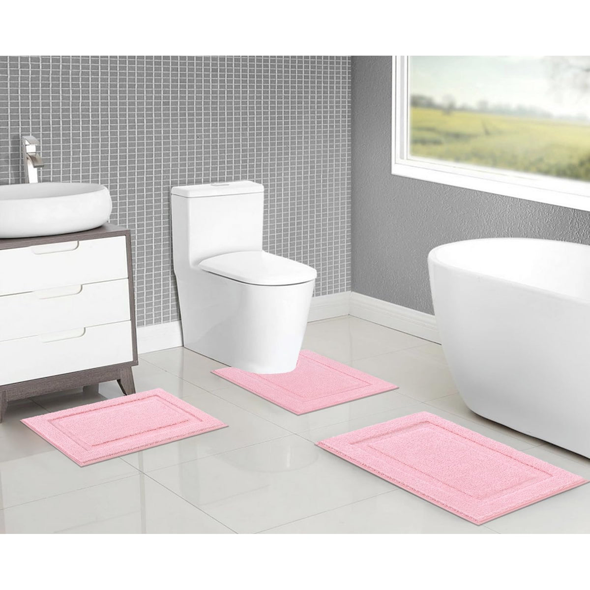 SHACOS soft pink rug set enhances bathroom style while protecting floors.