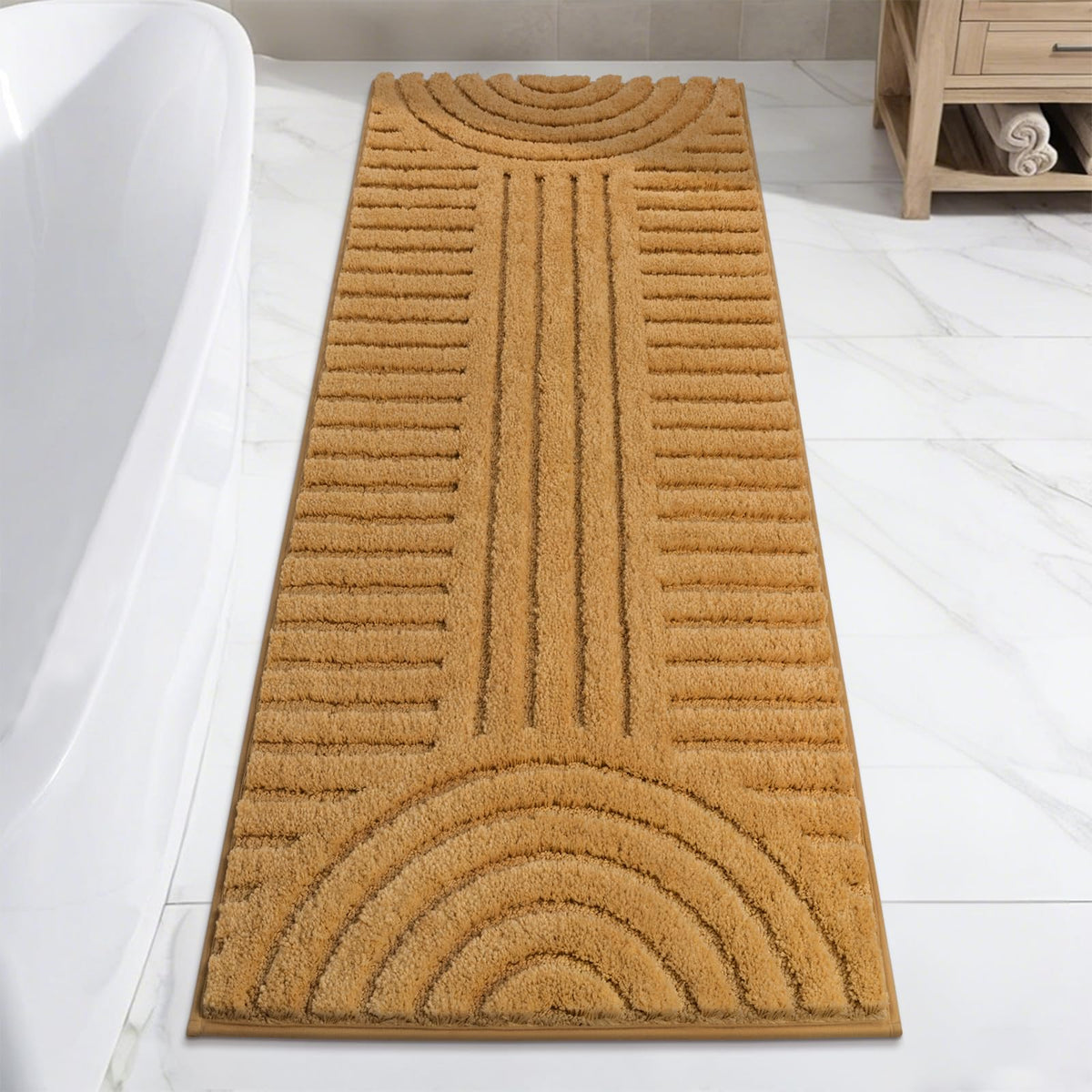 SHACOS mustard bathroom runner 24x60 on floor showing non-slip safety
