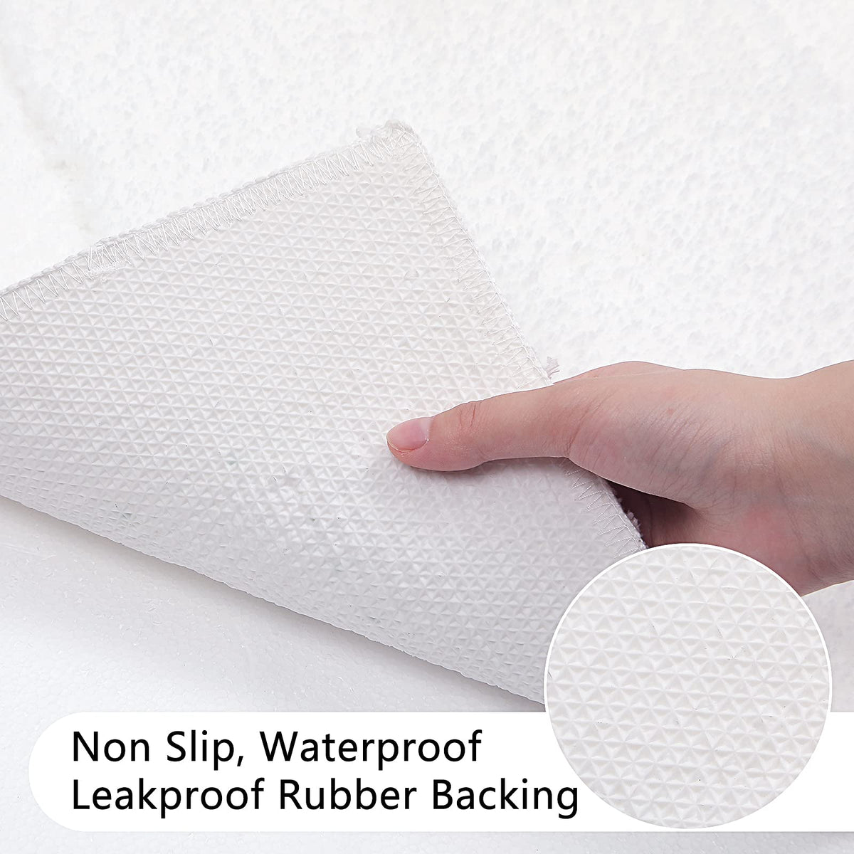 SHACOS rug backing close-up shows non-slip TP rubber grip on damp floors