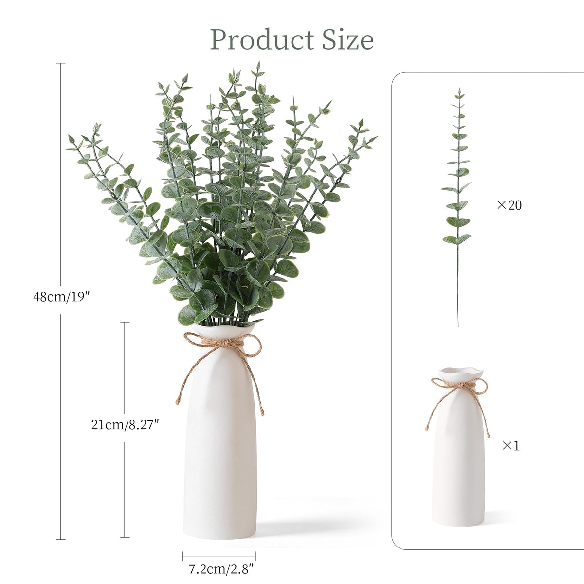 Shanranplus vase with artificial eucalyptus on a mantle display.