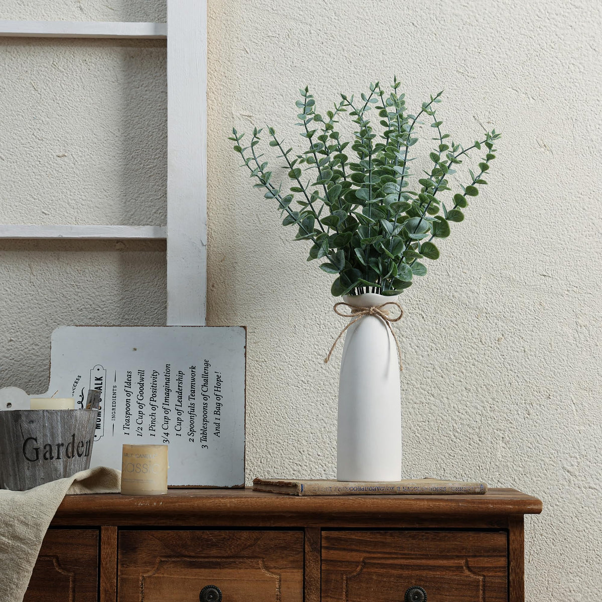 Shanranplus 19-inch vase arrangement featuring lifelike eucalyptus leaves.