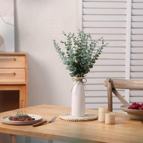 Shanranplus tall ceramic vase with green eucalyptus stems.