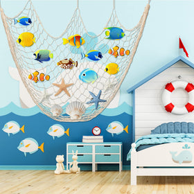 Shappy beige fish net doorway curtain enhances party entry.