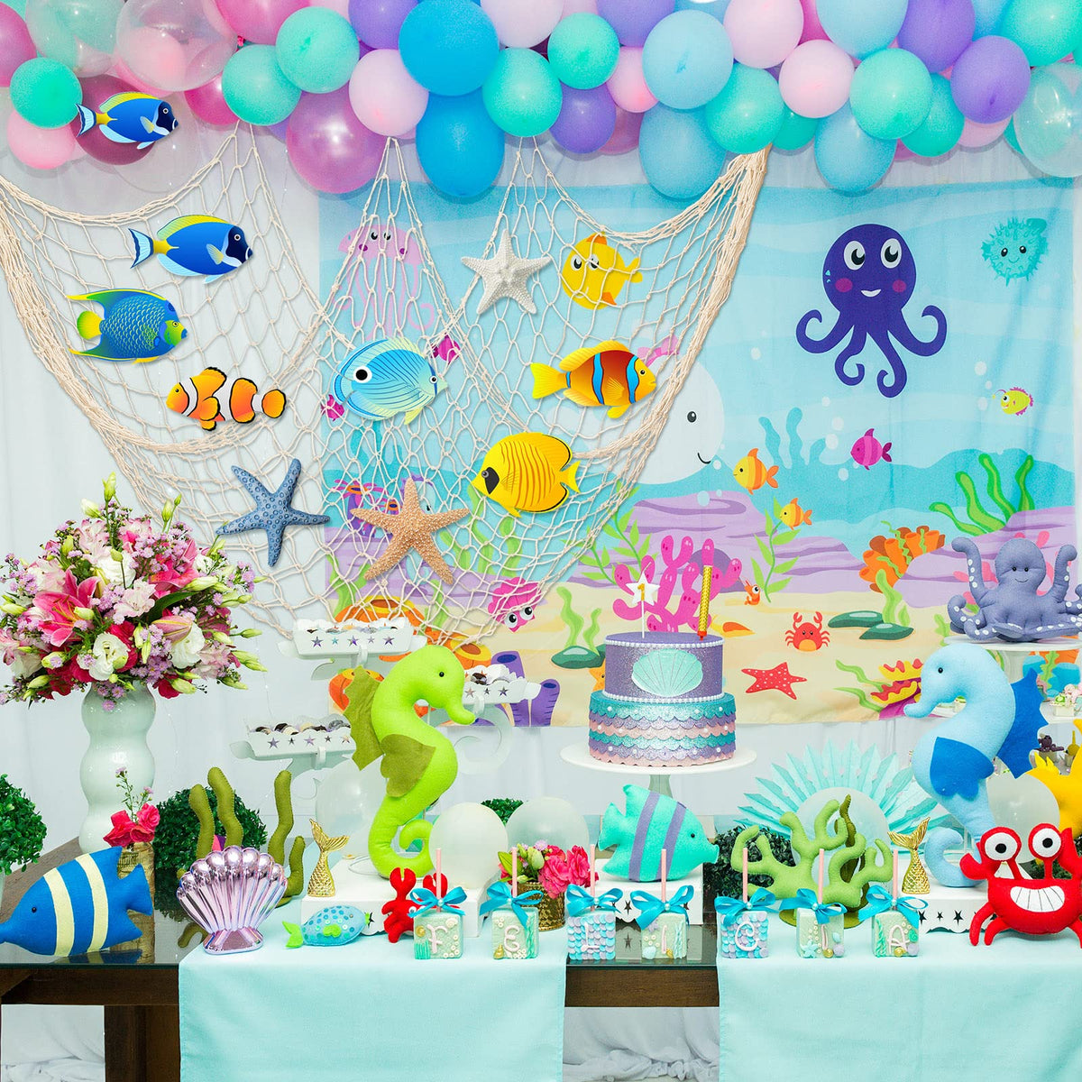Shappy beige fish net photo wall backdrop for memories.
