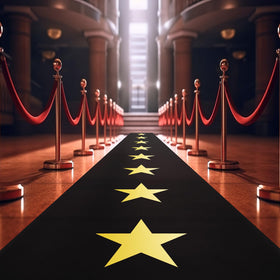 Shappy black carpet runner set up for an elegant aisle or stage
