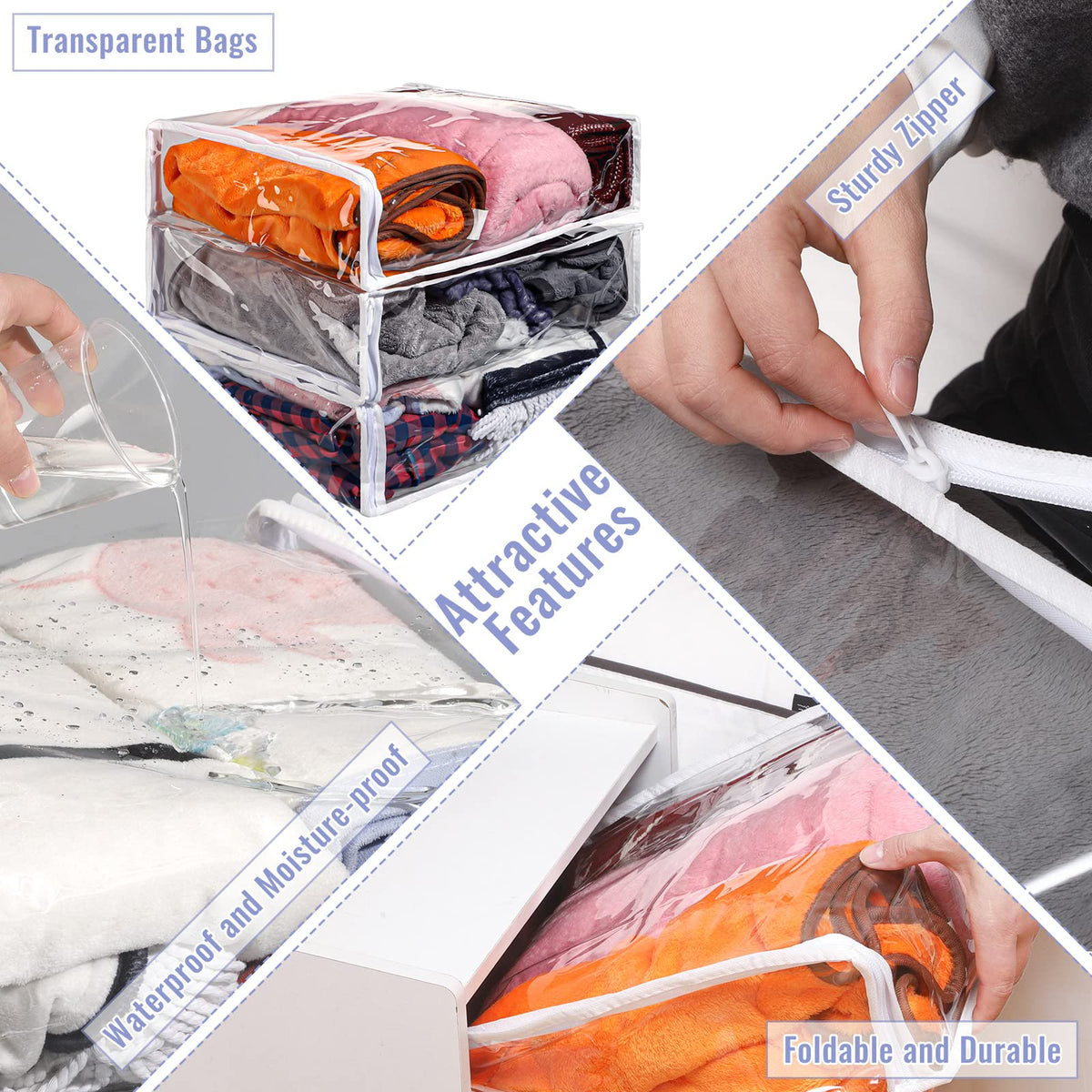 Shappy clear zippered bag for sheets and blankets, contents visible at a glance