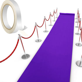 Shappy purple carpet runner setup on venue floor enhances aisle ambiance.