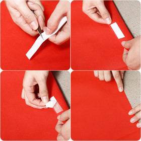 Shappy red carpet runner with tape included for secure setup.