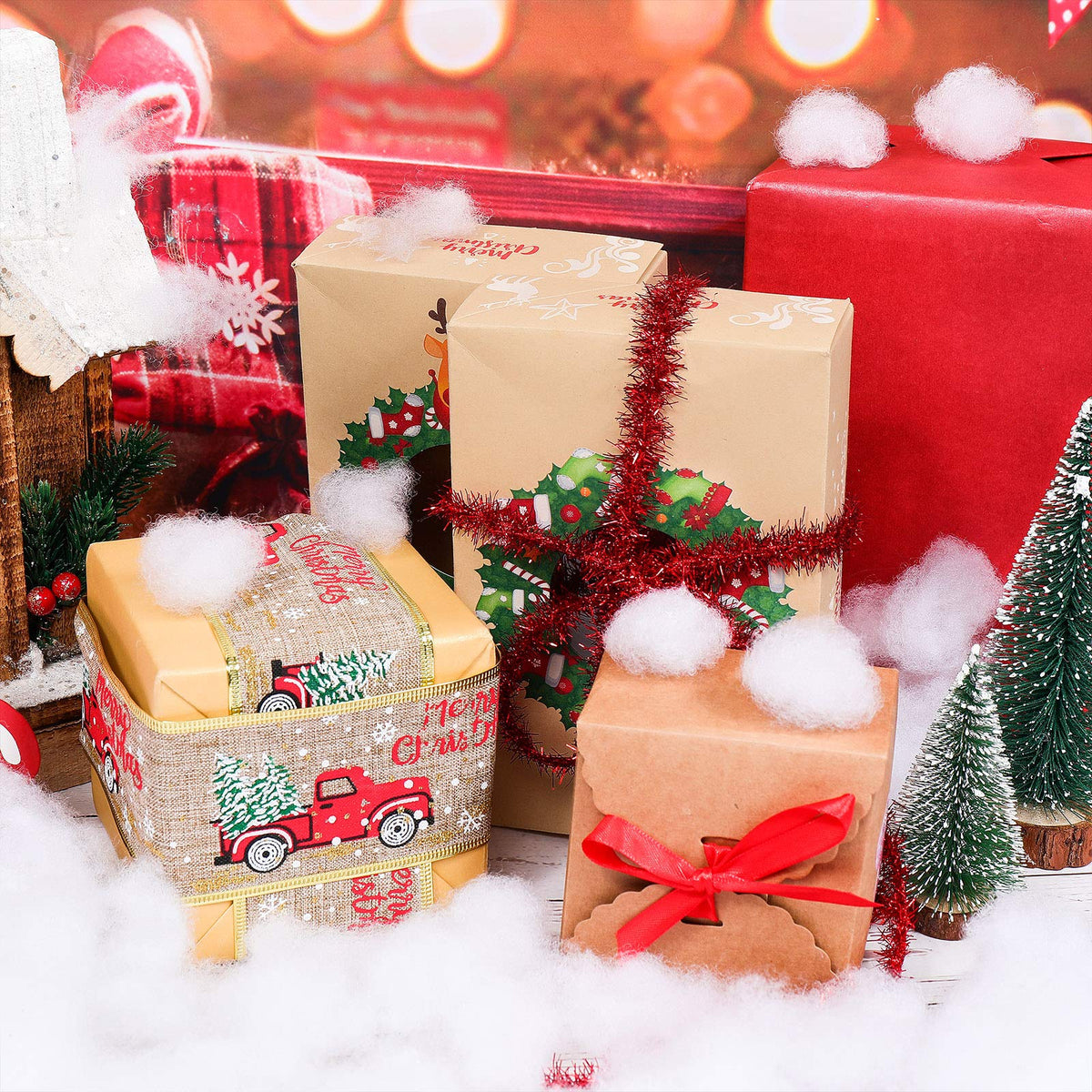 Shappy snow village display adds depth to shelves and scenes.