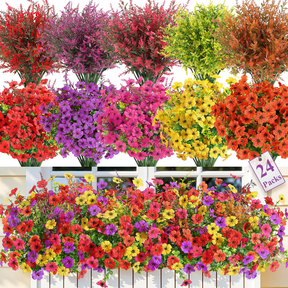 SHareconn 24-bundle artificial flowers with daisies and eucalyptus for vibrant outdoor décor.