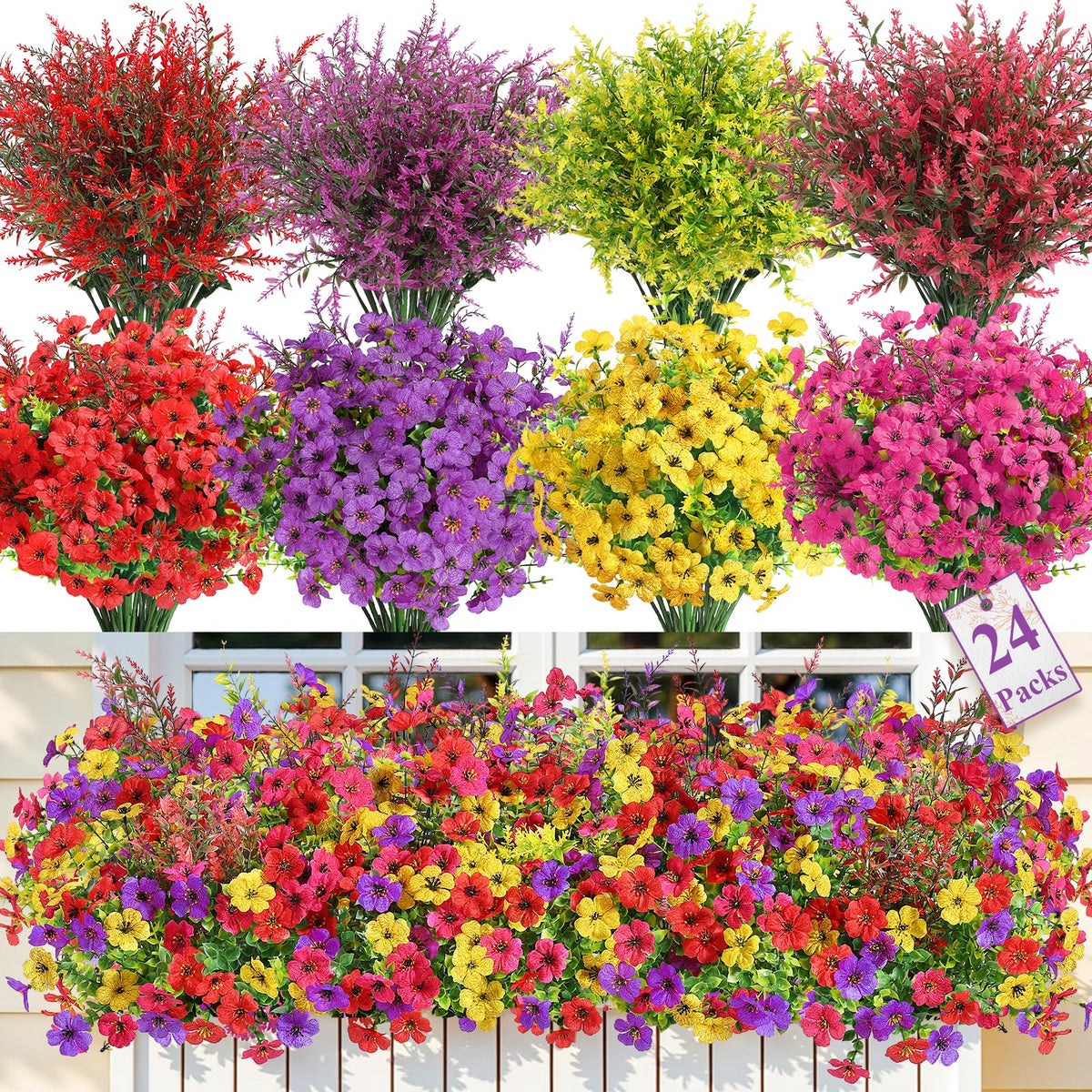 SHareconn 24-bundles outdoor flowers provide vibrant color with UV resistance for lasting outdoor decor.